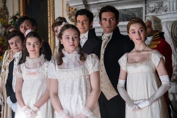 Will Tilston as Gregory Bridgerton, Florence Emilia Hunt as Hyacinth Bridgerton, Ruby Stokes as Francesca Bridgerton, Luke Thompson as Benedict Bridgerton, Jonathan Bailey as Anthony Bridgerton, Phoebe Dyvenor as Daphne Basset