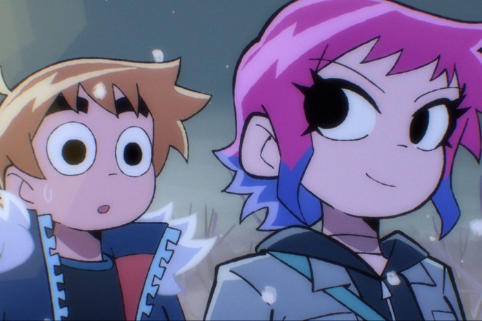 Michael Cera as Scott Pilgrim and Mary Elizabeth Winstead as Ramona Flowers in Scott Pilgrim Takes Off walking together