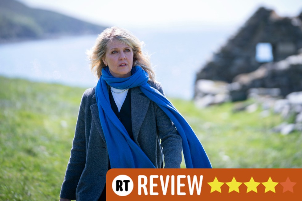 Ashley Jensen as DI Ruth Calder in Shetland, walking on a grassy clifftop, with the sea behind her